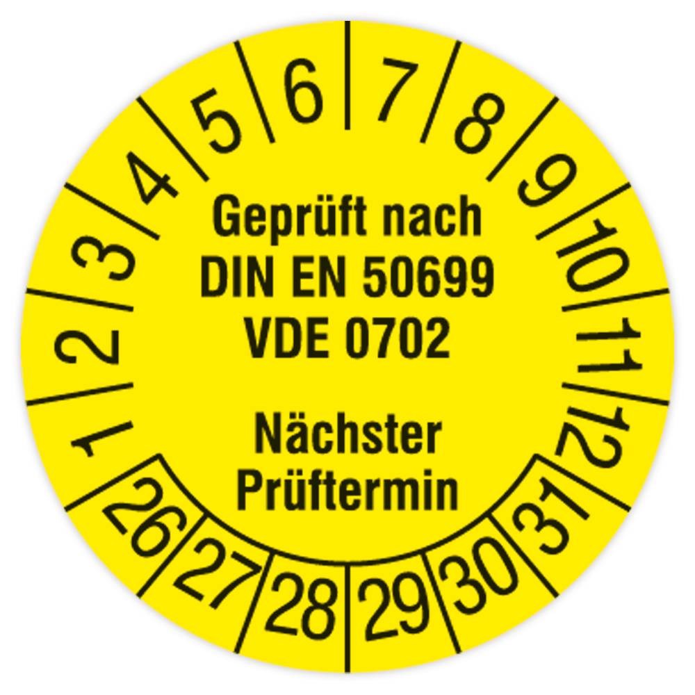 Prüfplakette, Geprüft nach DIN EN 50699, VDE 0702, 2026 - 2031, Dokumentenfolie, Ø 30 mm, 108/Heft-0