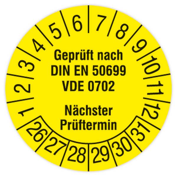Prüfplakette, Geprüft nach DIN EN 50699, VDE 0702, 2026 - 2031, Dokumentenfolie, Ø 30 mm, 108/Heft