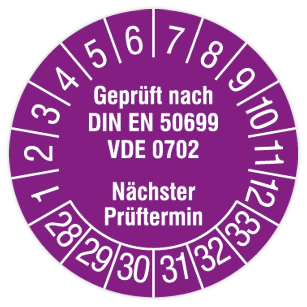Prüfplakette, Geprüft nach DIN EN 50699, VDE 0702, 2028 - 2033, Dokumentenfolie, Ø 15 mm, 160/Heft-0