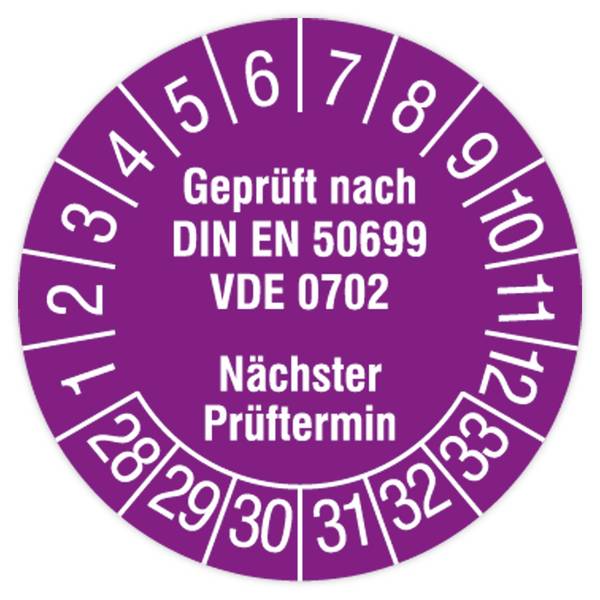 Prüfplakette, Geprüft nach DIN EN 50699, VDE 0702, 2028 - 2033, Dokumentenfolie, Ø 15 mm, 160/Heft