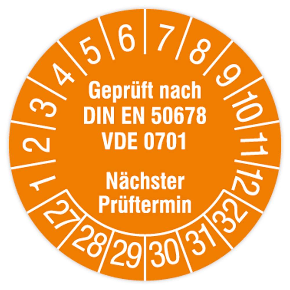 Prüfplakette, Geprüft nach DIN EN 50678, VDE 0701, 2027 - 2032, Standardfolie, Ø 15 mm, 160/Heft-0