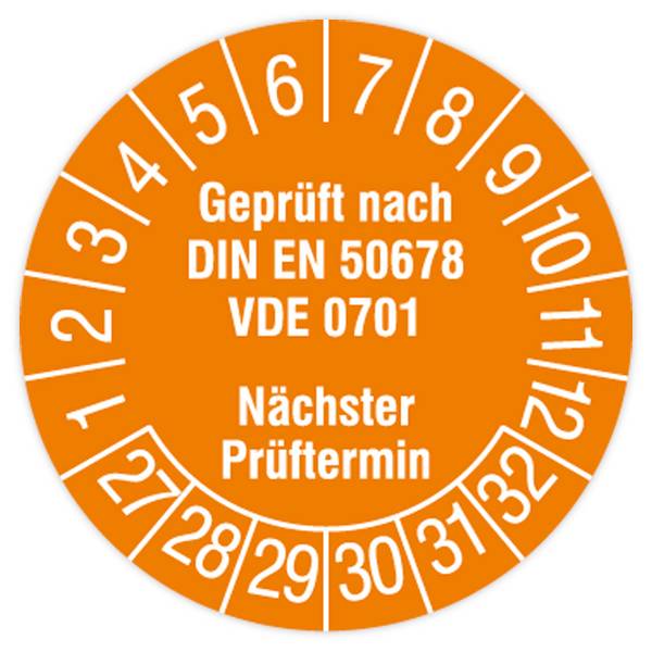 Prüfplakette, Geprüft nach DIN EN 50678, VDE 0701, 2027 - 2032, Standardfolie, Ø 15 mm, 160/Heft