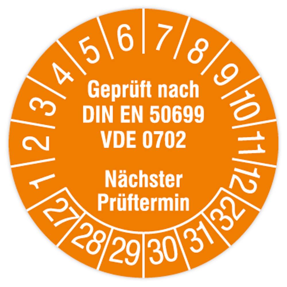 Prüfplakette, Geprüft nach DIN EN 50699, VDE 0702, 2027 - 2032, Standardfolie, Ø 30 mm, 108/Heft-0