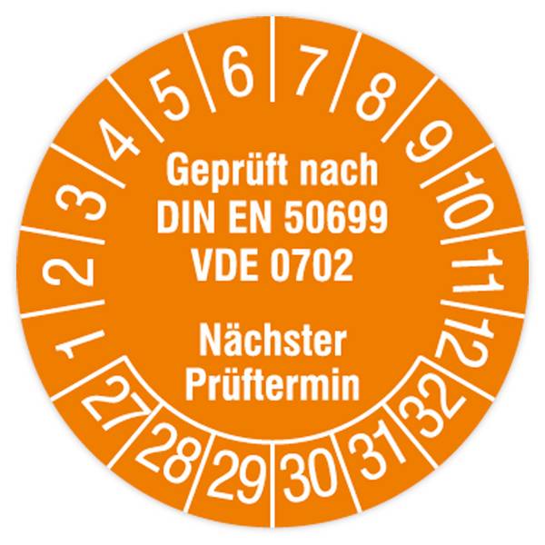 Prüfplakette, Geprüft nach DIN EN 50699, VDE 0702, 2027 - 2032, Standardfolie, Ø 30 mm, 108/Heft