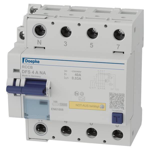 Doepke FI-Schalter DFS4 040-4/0,03-A NA 4p 40 A 0.03 A Typ A,Not-Aus,N links Install.Baumaterial