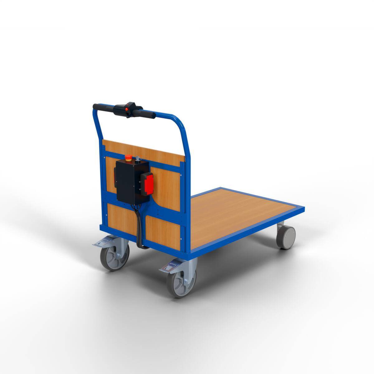 Elektrischer Strinwandwagen,Akku,Tragl. 500kg,Ladefl. LxB 1200x800mm,Holzplatte,1 Wand,RAL5010,2 Lenk-/2 Bockräder-0