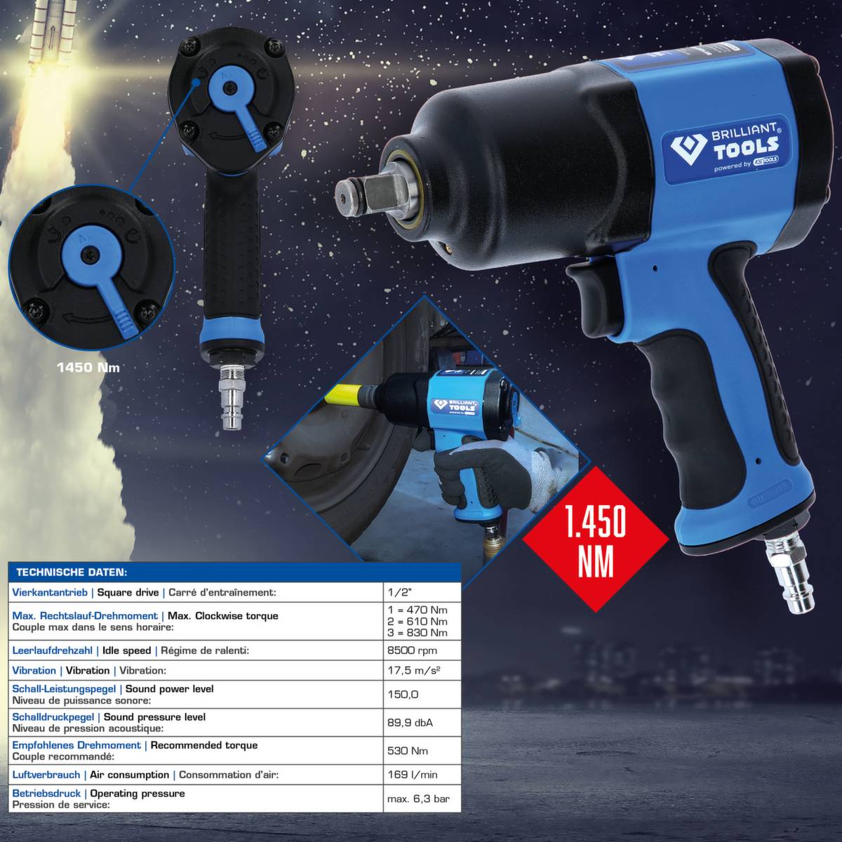 Brilliant Tools 1/2" Druckluft-Schlagschrauber, 1.450 Nm-6