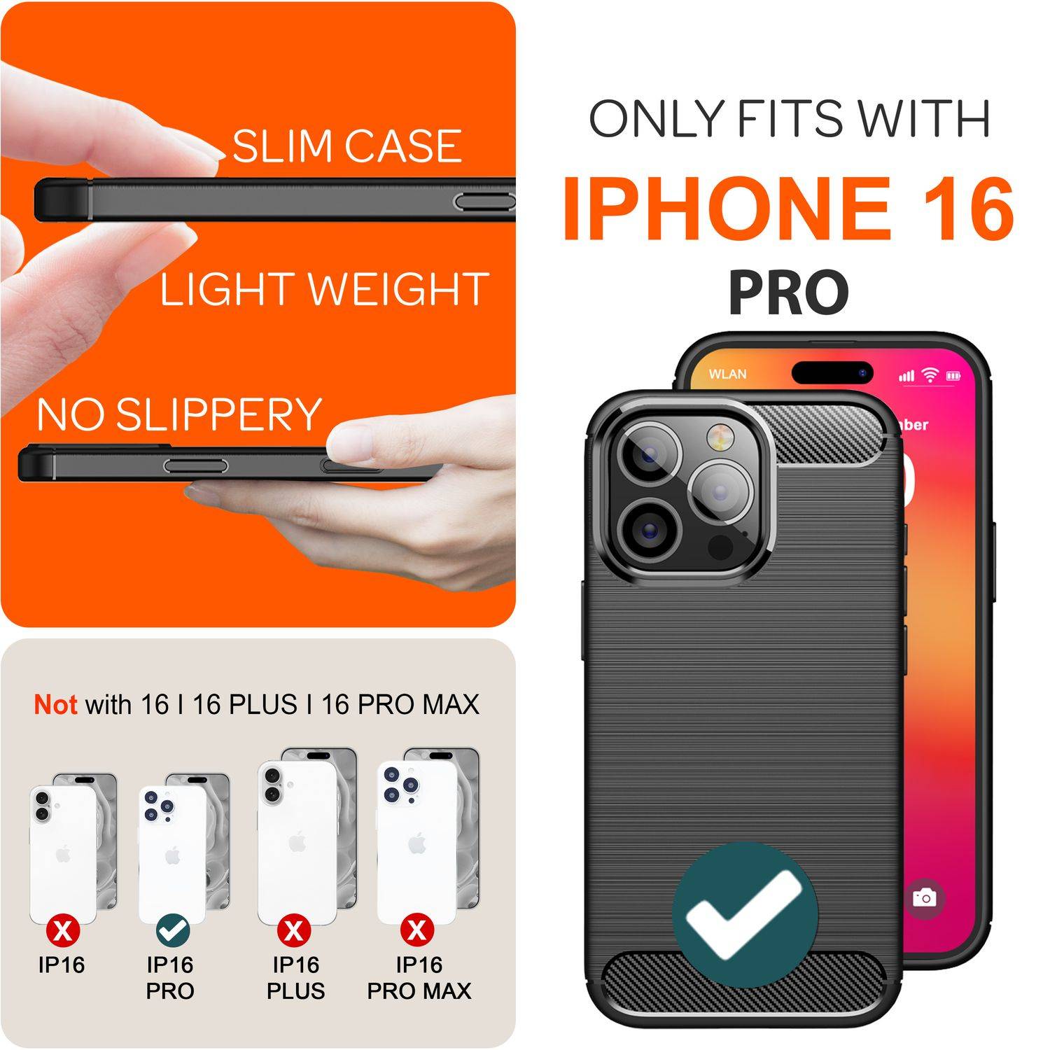 NALIA Carbon Style Hülle für iPhone 16 Pro, Matt-Schwarze Silikon Handyhülle in Kohlefaser-Optik, Slim Business Cover-3