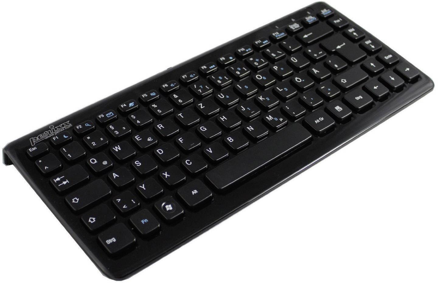 Eine schwarze, kompakte Tastatur in leichtem Winkel. Tasten mit weißen und blauen Beschriftungen. Geeignet für mobile und Desktop-Geräte.