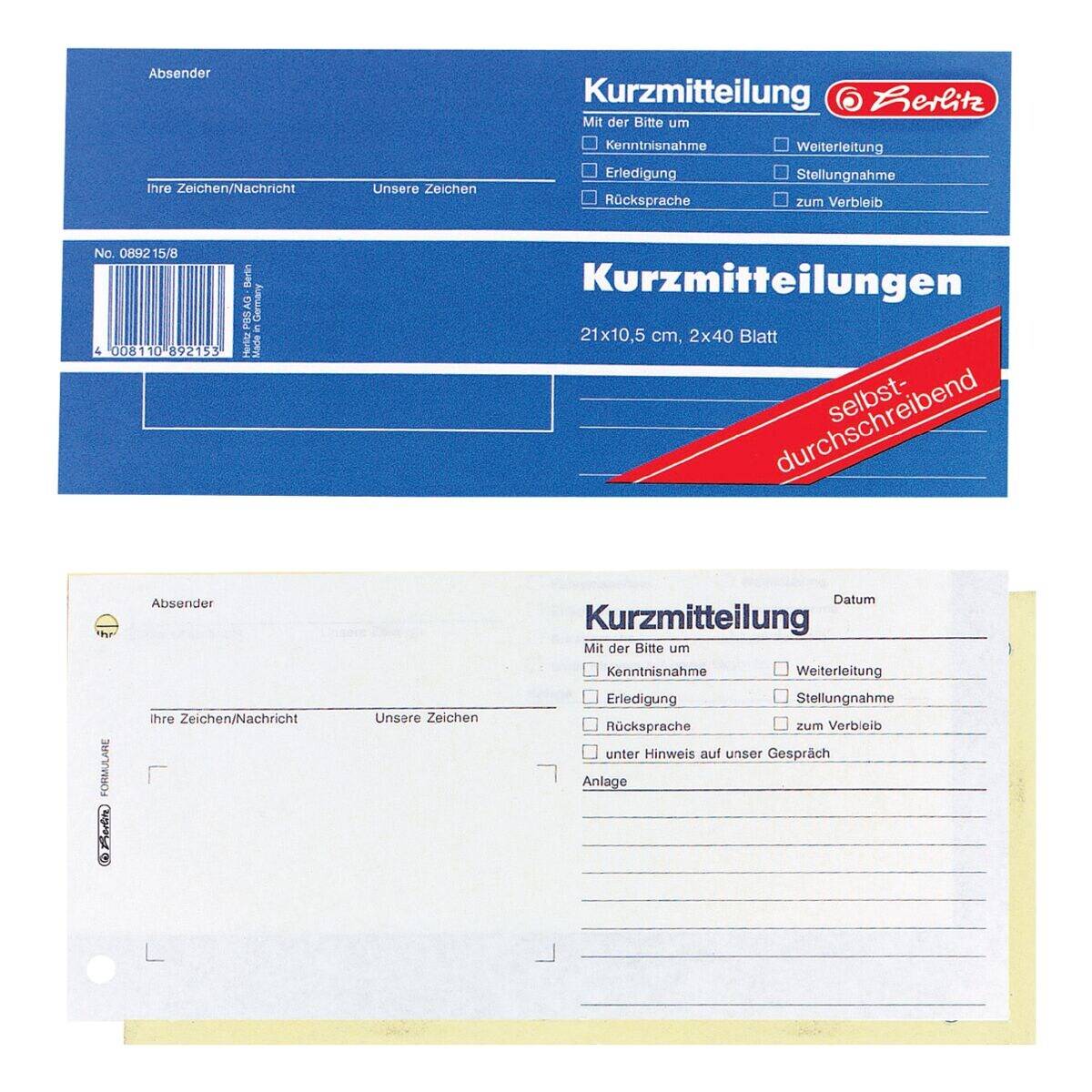 Formularbuch Kurzmitteilung 21x10,5cm 2x40 Blatt selbstdurchschreibend-1