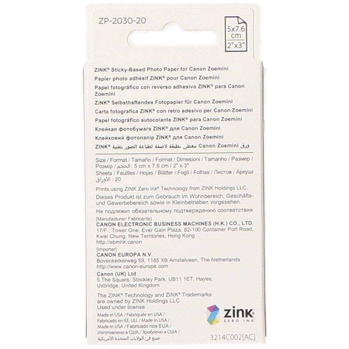 Canon ZINK™ 5 x 7,5 cm Fotopapier mit 20 Blatt, 5x7.6 cm, 2x3", 20 Blätter, Canon Zoemini, Box-2