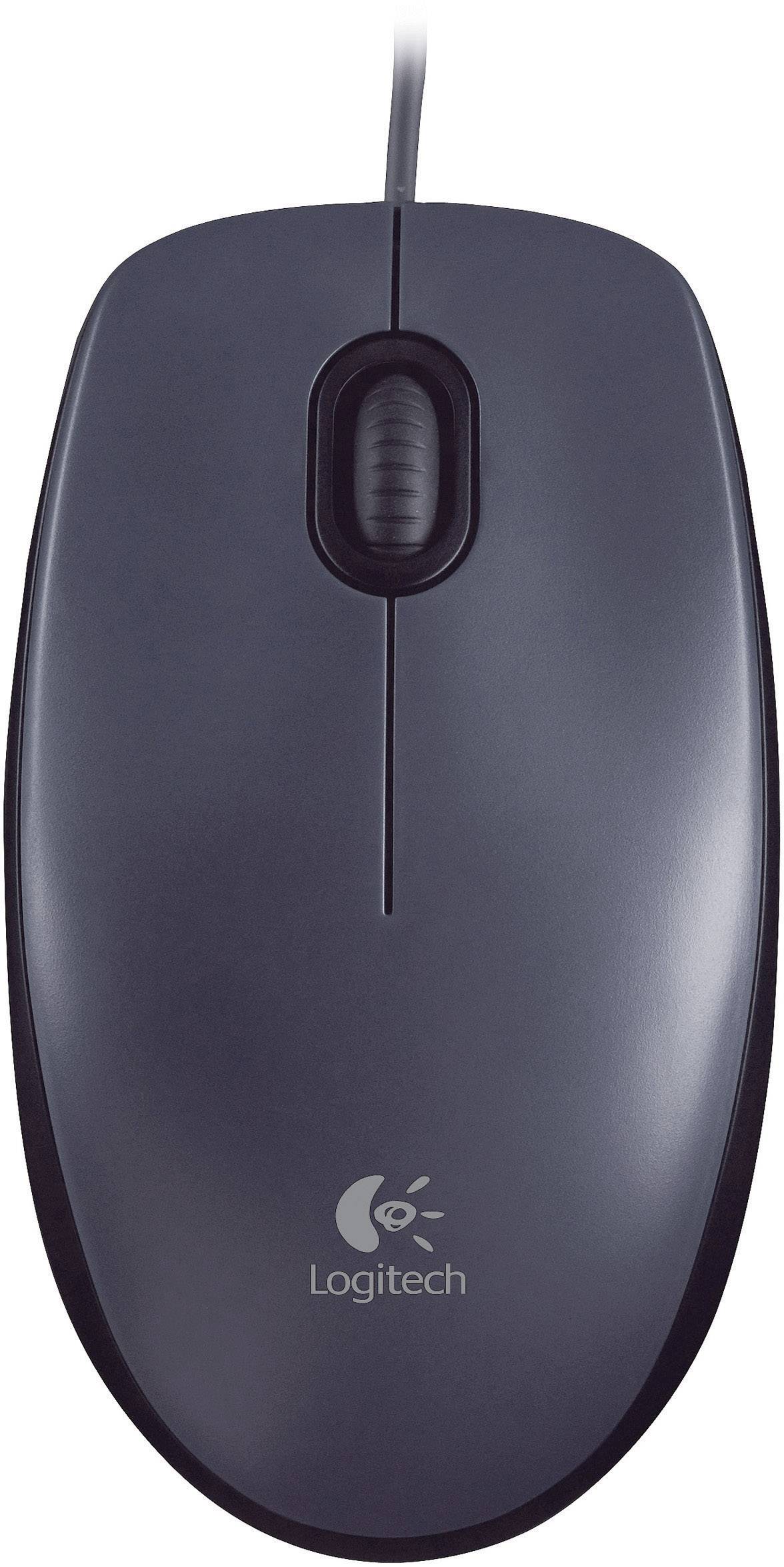 Schwarze kabelgebundene Computermaus von Logitech mit Scrollrad, geeignet für den täglichen Büro- und Heimgebrauch.