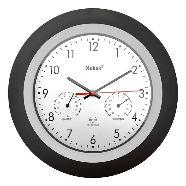 Mebus Funk-Wanduhr mit Thermometer und Hygrometer 19449 Ø 30 cm schwarz