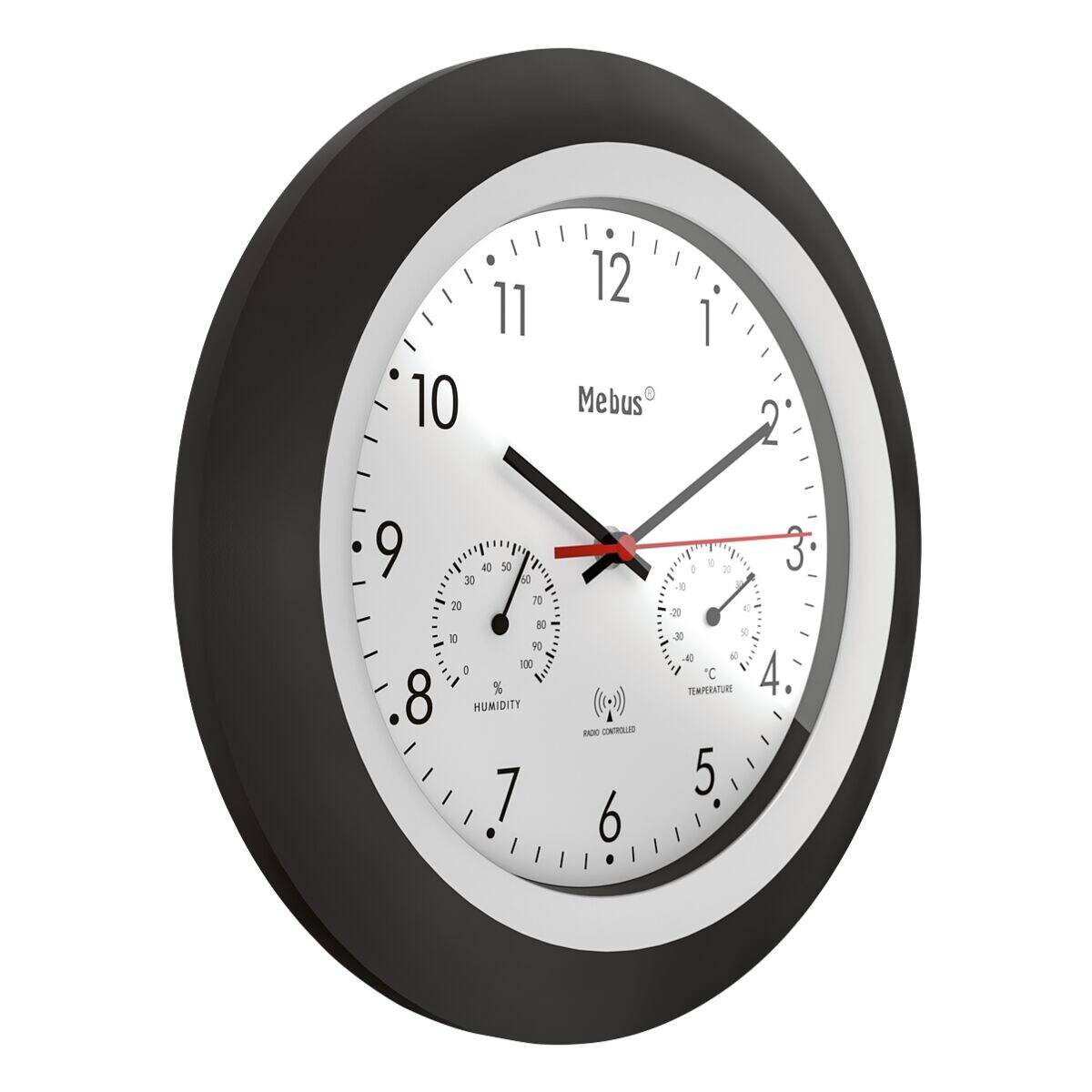 Mebus Funk-Wanduhr mit Thermometer und Hygrometer 19449 Ø 30 cm schwarz-1