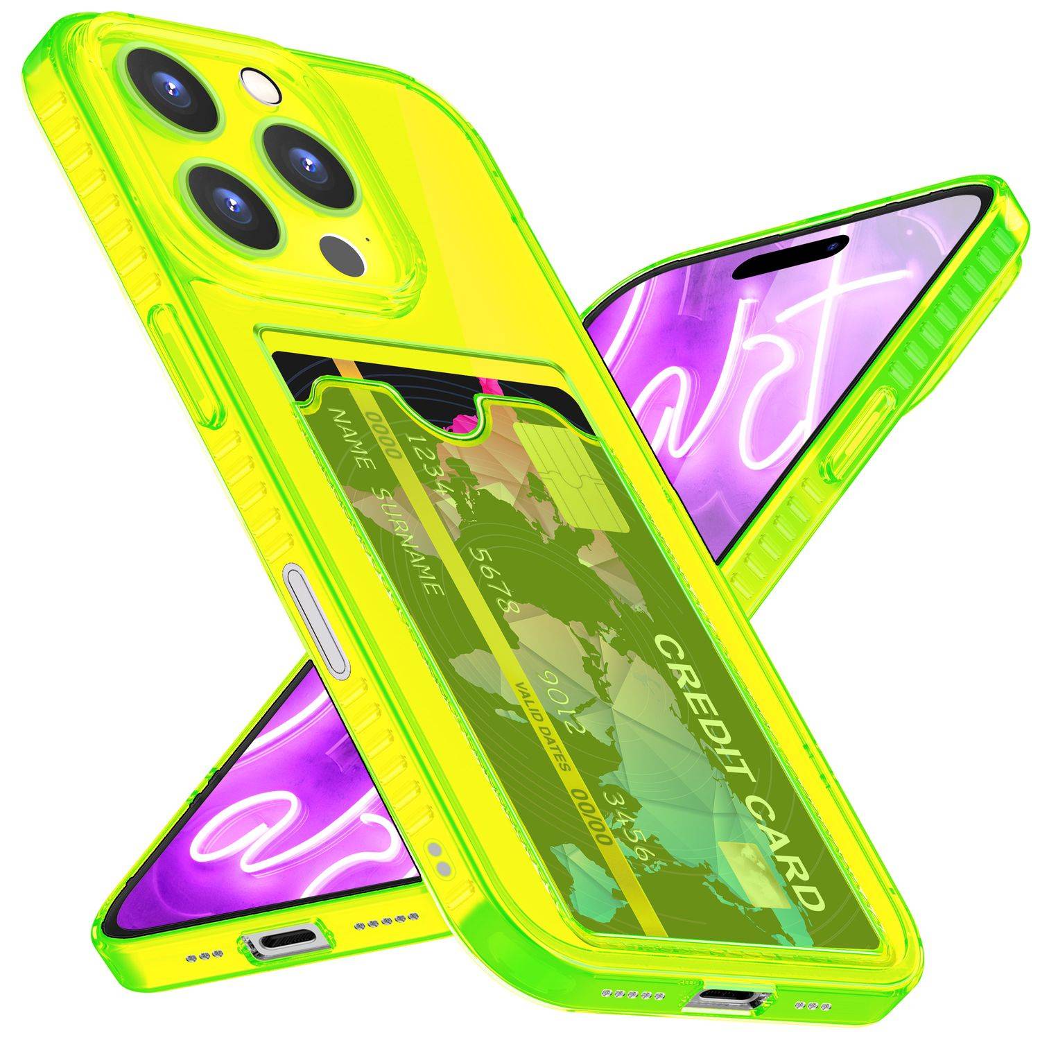 NALIA Klare Neon Hülle mit Kartenhalter für iPhone 16 Pro, Bunte Handyhülle mit Kartenfach, Silikon Durchsichtig Gelb-0