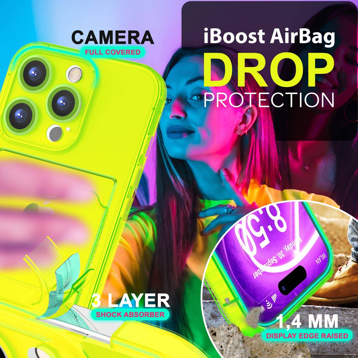 NALIA Klare Neon Hülle mit Kartenhalter für iPhone 16 Pro, Bunte Handyhülle mit Kartenfach, Silikon Durchsichtig Gelb-1