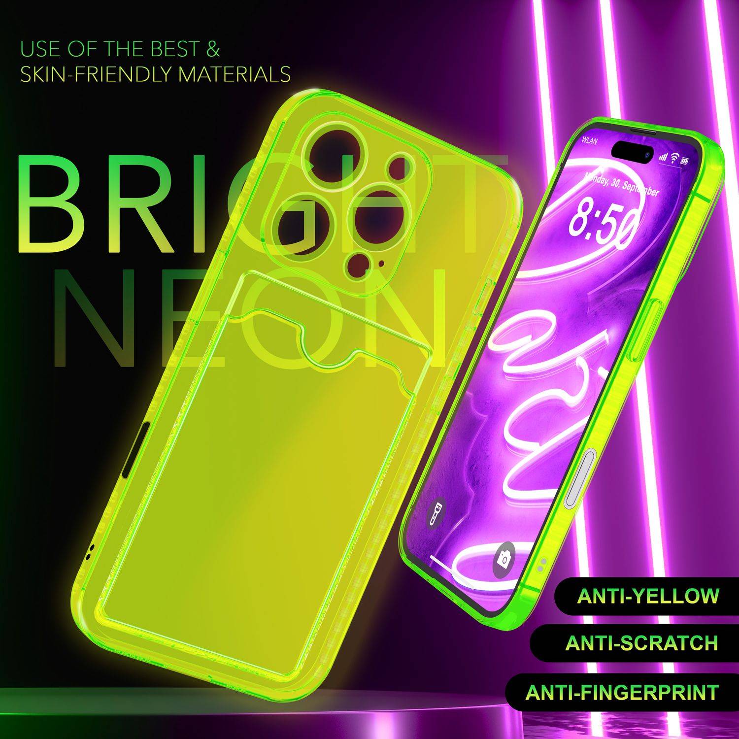 NALIA Klare Neon Hülle mit Kartenhalter für iPhone 16 Pro, Bunte Handyhülle mit Kartenfach, Silikon Durchsichtig Gelb-2