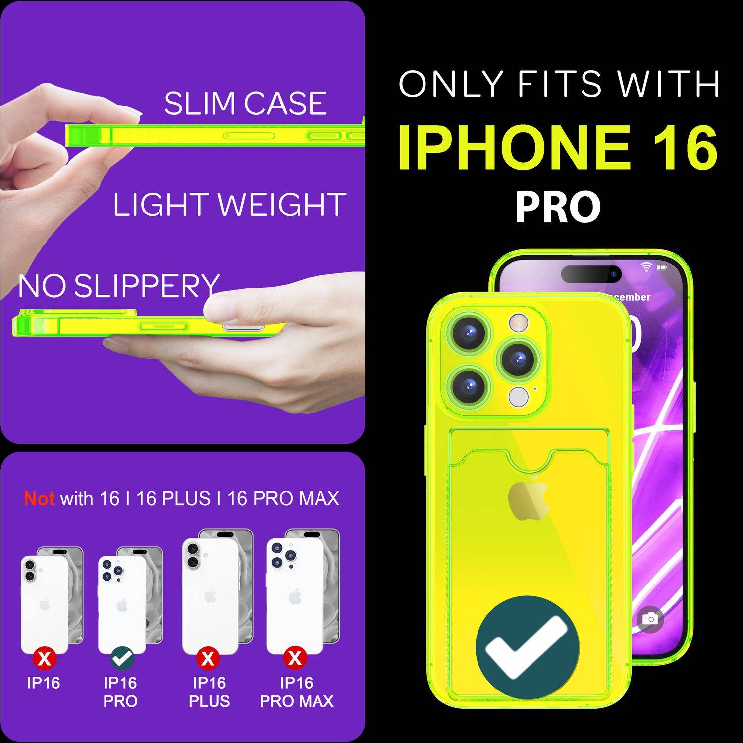 NALIA Klare Neon Hülle mit Kartenhalter für iPhone 16 Pro, Bunte Handyhülle mit Kartenfach, Silikon Durchsichtig Gelb-3