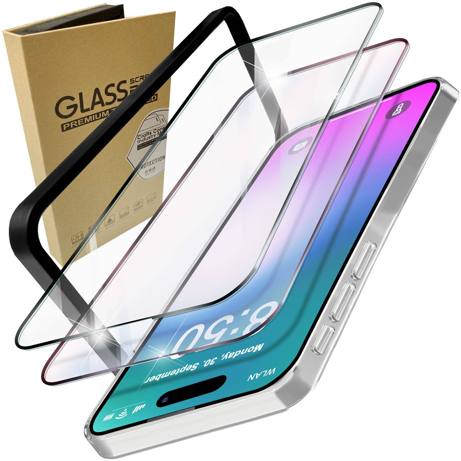 NALIA Set [3-in-1] 2x Schutzglas & 1x Montage Rahmen für iPhone 16, Klar Transparenter Displayschutz Gehärtete Glasfolie-0
