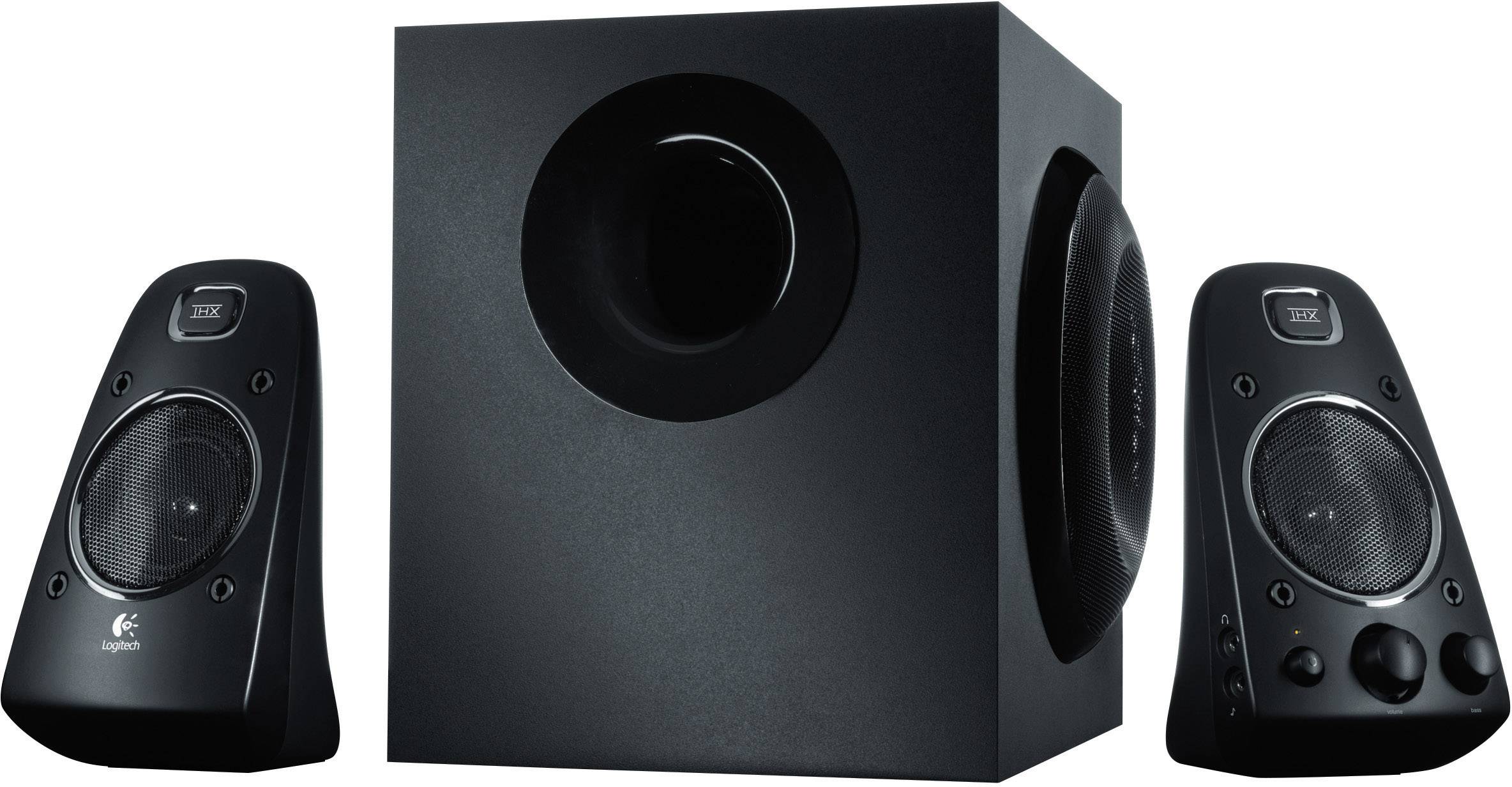 Lautsprechersystem bestehend aus zwei schwarzen Lautsprechern und einem Subwoofer, geeignet für Heimkino und Musikgenuss.