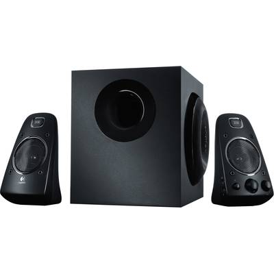 Lautsprechersystem bestehend aus zwei schwarzen Lautsprechern und einem Subwoofer, geeignet für Heimkino und Musikgenuss.