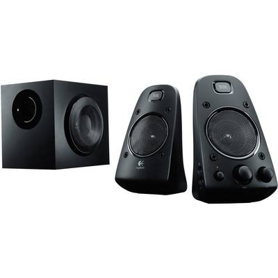 Schwarzes Lautsprechersystem mit Subwoofer und zwei Satellitenlautsprechern, geeignet für Multimedia-Nutzung mit THX-Zertifizierung.