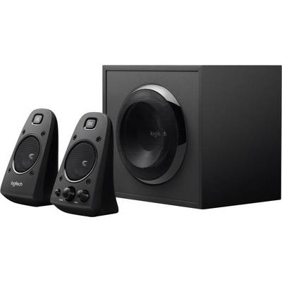 Schwarzes Lautsprechersystem mit zwei Satellitenlautsprechern und einem Subwoofer. Die Lautsprecher haben Bedienknöpfe an der Vorderseite.