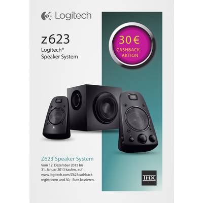'Werbung für Logitech z623 Speaker System. Enthält ein 30 EUR Cashback-Angebot. Bild zeigt Lautsprecher und Subwoofer.'