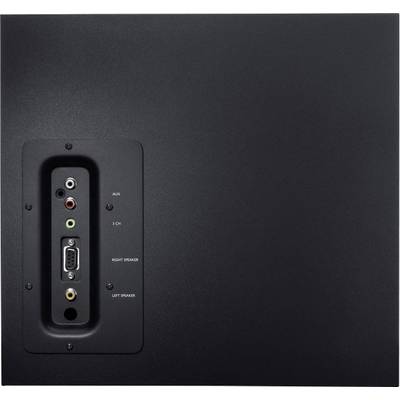 Rückansicht eines schwarzen Audioverstärkers mit Eingängen und Ausgängen: AUX, 1CH, Right Speaker, Left Speaker, VGA-Anschluss sichtbar.