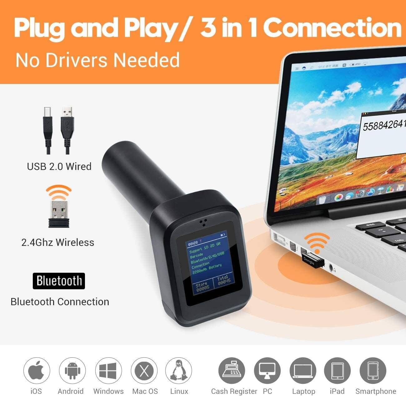 Tera 1D 2D QR Barcode-Scanner Einstellungsbildschirm Ladestation Bluetooth 2.4GHz USB HW0006Pro-2