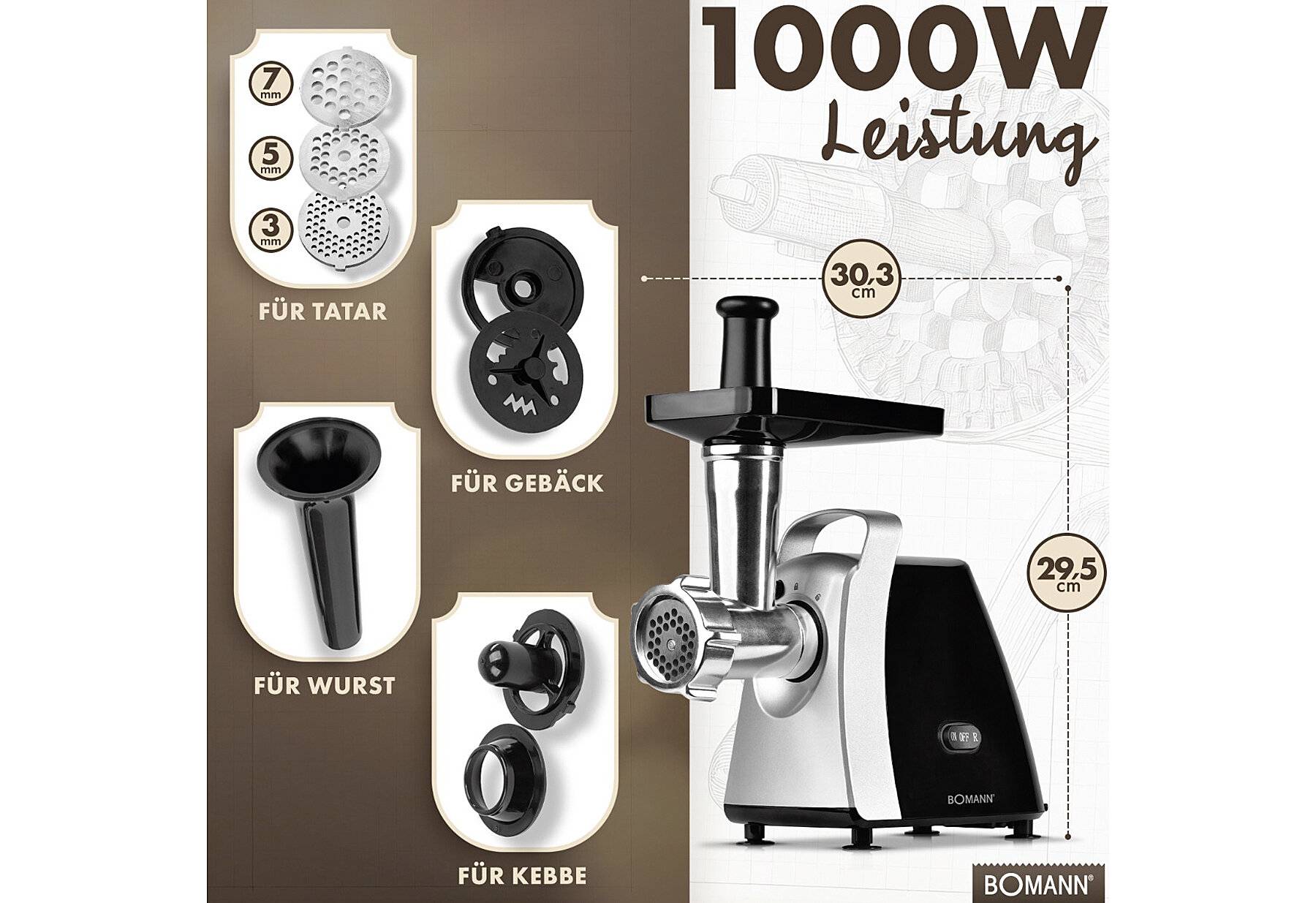 Bomann® Fleischwolf 1000W | mit Aufsatz für Plätzchen & Spritzgebäck | Fleischwolf elektrisch-1