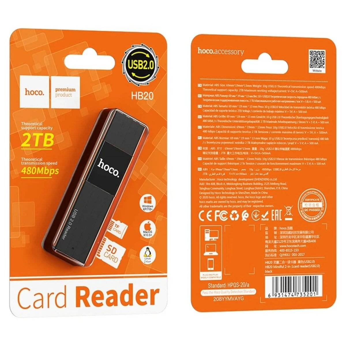 HOCO 2in1 USB A 2.0 HB20 Speicherkartenleser 2TB in Schwarz 480 Mbit/s-4