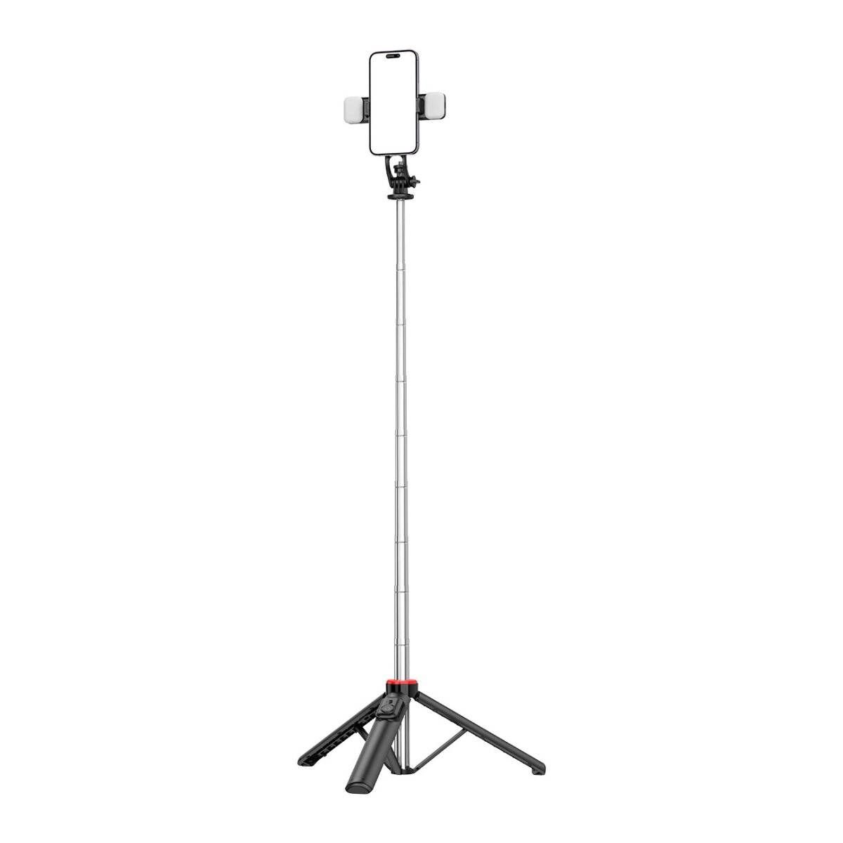 Teleskopstativ 1,3 m mit Doppellampe und Telefonhalter – Schwarz - Selfie-Stick mit LED Beleuchtung-0