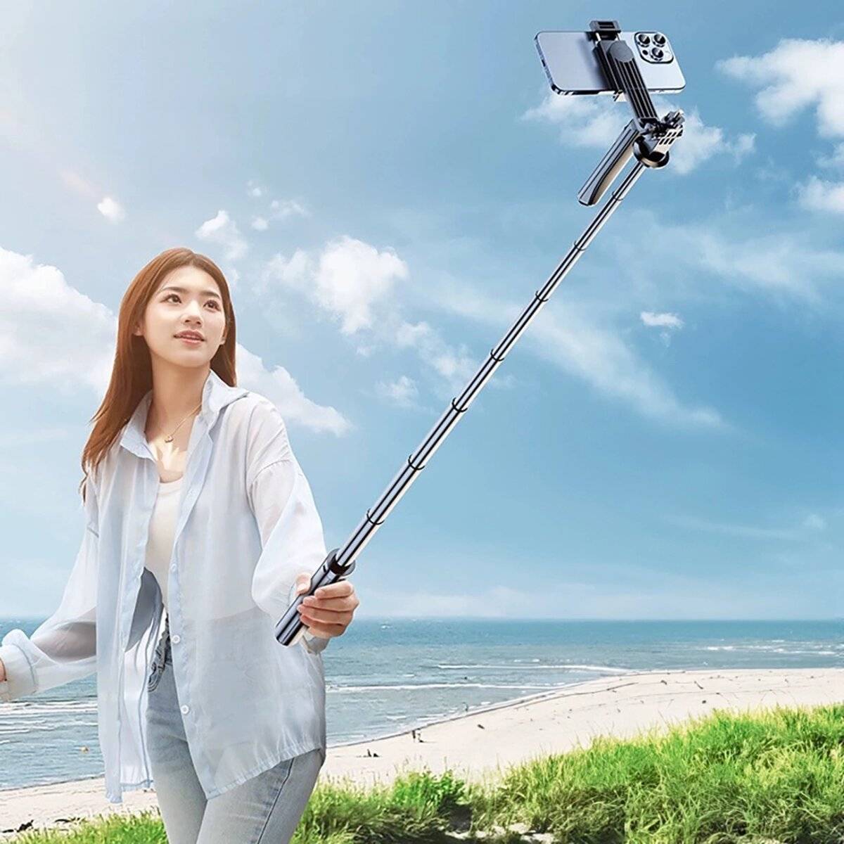 Teleskop-Selfie-Stick / stabiles Stativ bis 1,75 m Höhe mit 1/4 Zoll Gewinde und Telefonhalterung-2