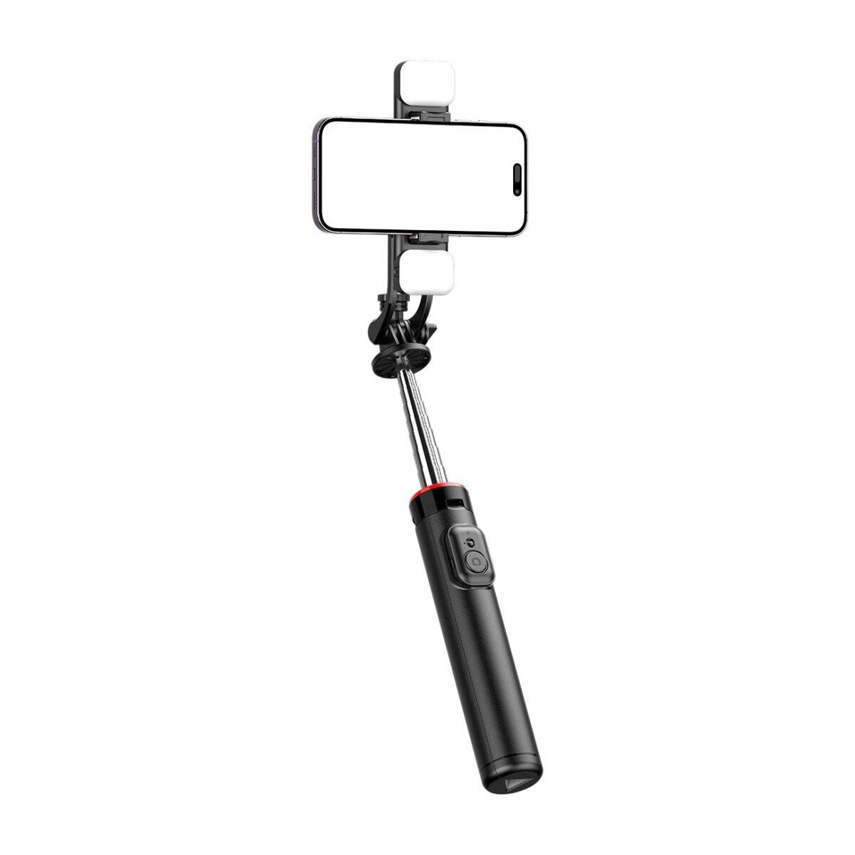 Teleskopstativ 1,3 m mit Doppellampe und Telefonhalter – Schwarz - Selfie-Stick mit LED Beleuchtung-1