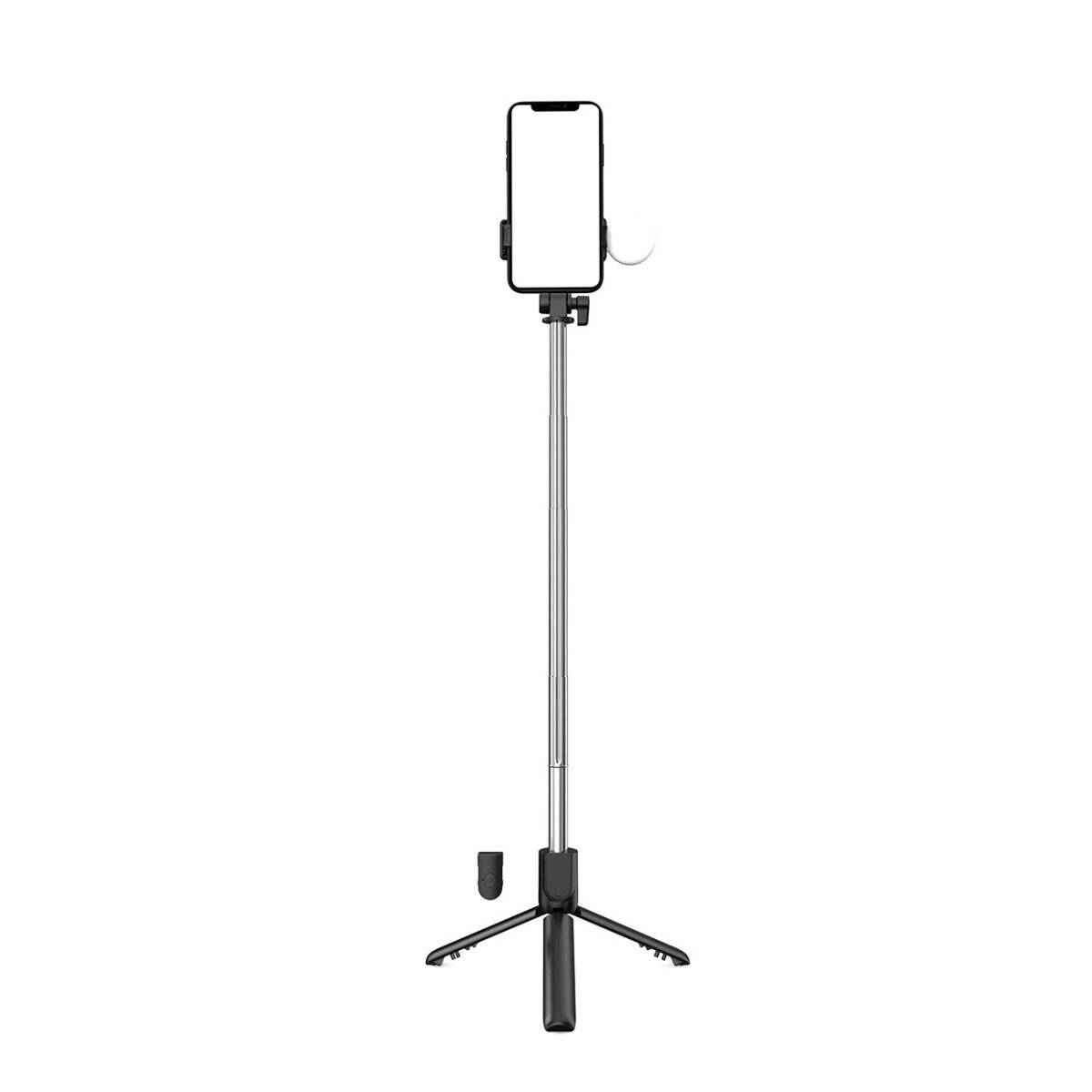 Selfie-Stick Schwarz - Teleskopstativ 1 m mit runder Lampe und Telefonhalter-1