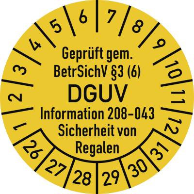 Prüfplakette BetrSichV §3 (6) DGUV 208-043, 2026-2031, Folie, Ø 30mm, 10 St./Bo.-0