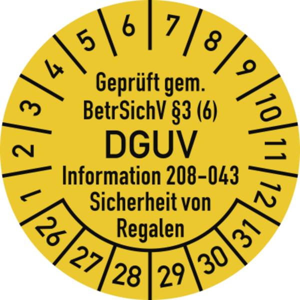 Prüfplakette BetrSichV §3 (6) DGUV 208-043, 2026-2031, Folie, Ø 30mm, 10 St./Bo.