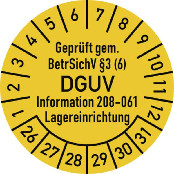Prüfplakette BetrSichV §3 (6) DGUV 208-061, 2026-2031, Folie, Ø 30mm, 10 St./Bo.