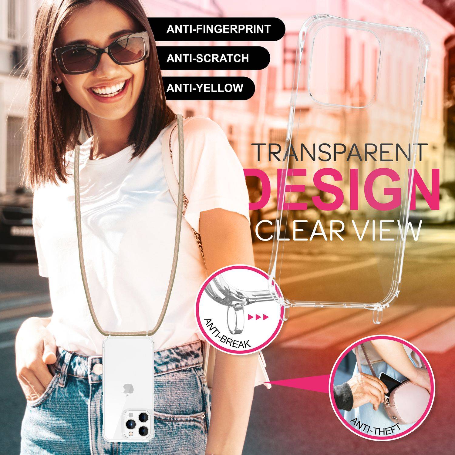 NALIA Klare Hülle mit Band zum Umhängen für iPhone 16 Pro, Transparente Schutz Handyhülle mit Handykette Beige-2
