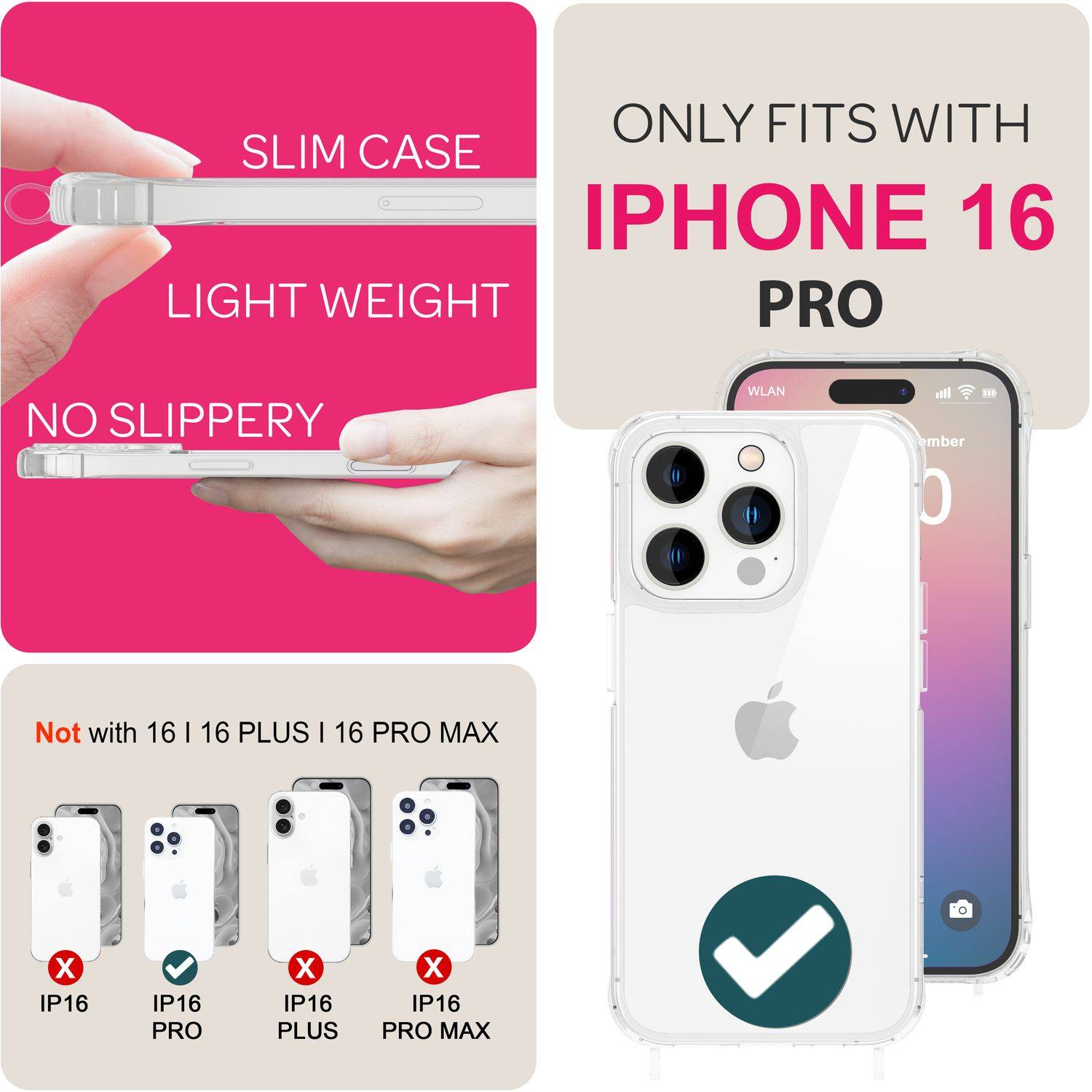 NALIA Klare Hülle mit Band zum Umhängen für iPhone 16 Pro, Transparente Schutz Handyhülle mit Handykette Beige-3