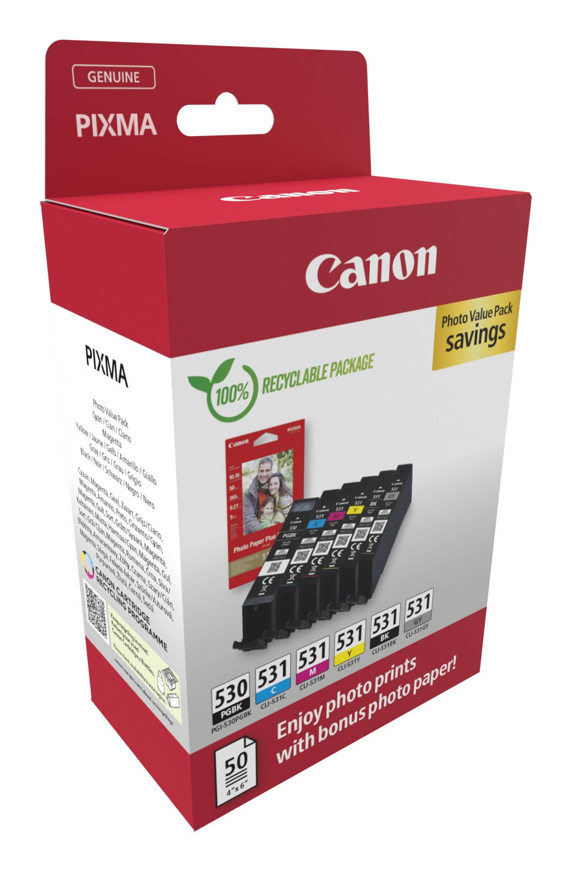 Canon PGI-530 / CLI-531 Photo Value Pack PGBK/C/M/Y/BK/GY Can. Single Ink Series PGI-530/CLI-531 + PP-201 4x6 Paper 1x50-1
