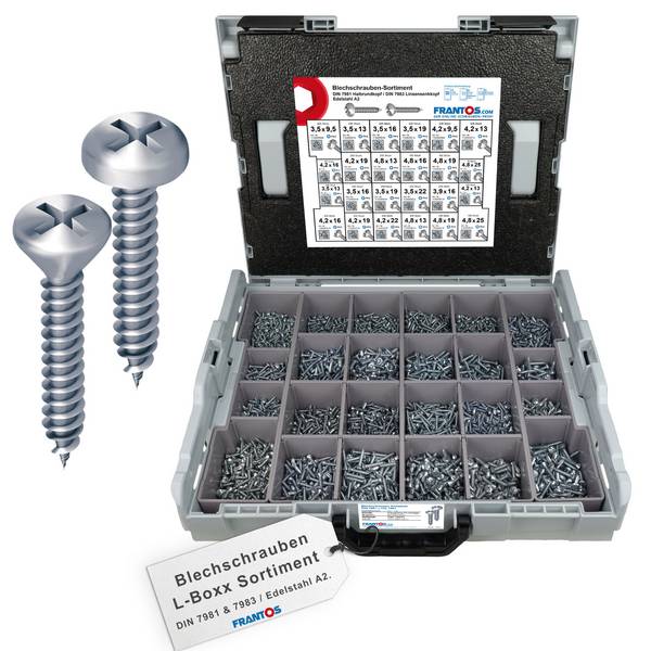 FRANTOS L-BOXX Schrauben-Sortiment Blechschrauben Linsenkopf DIN 7981 & 7983 Sortiment - Edelstahl A2 4425 tlg.