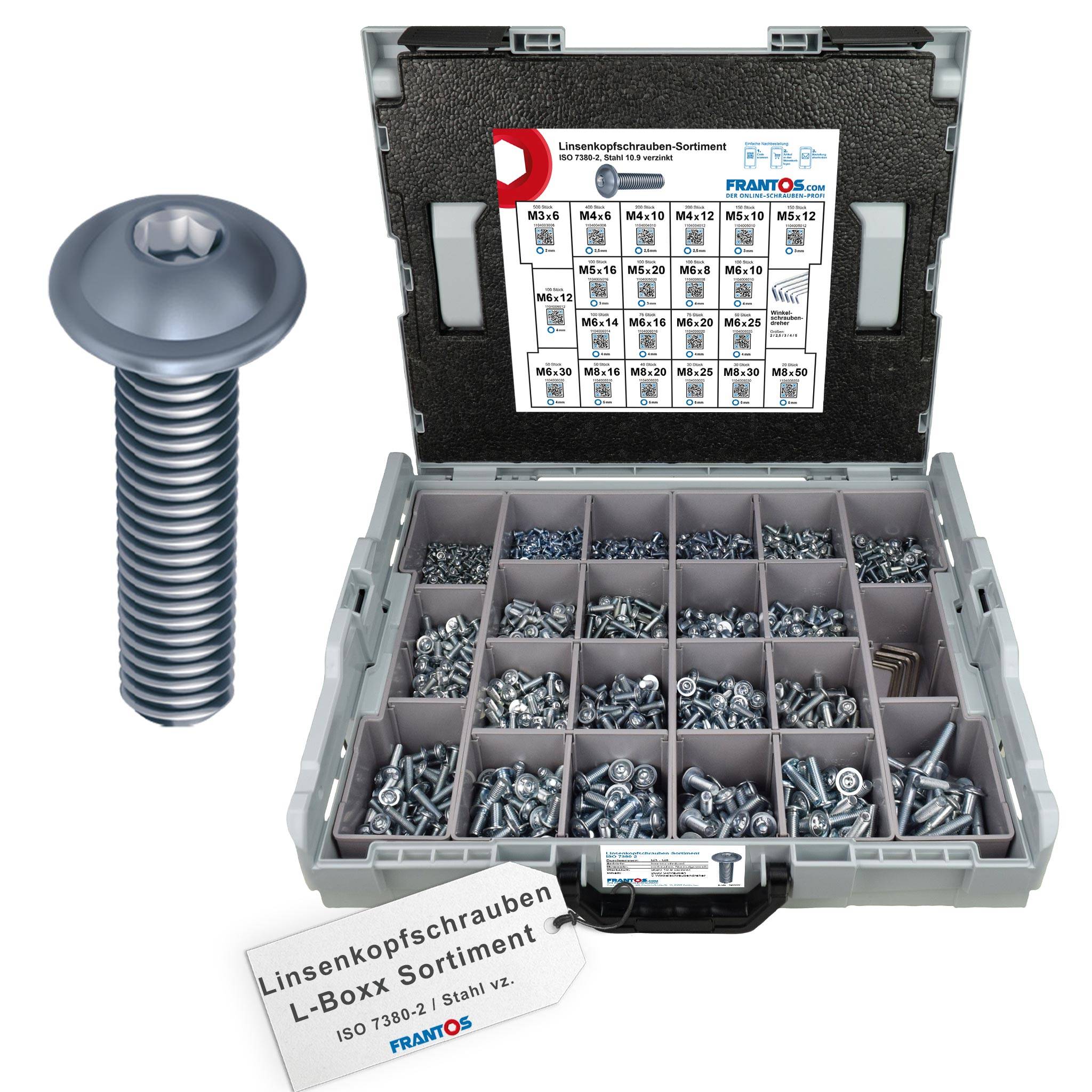 FRANTOS L-BOXX Schrauben-Sortiment Linsenkopfschrauben ISO 7380-2 Sortiment - 2625 tlg. + 5 Winkelschraubendreher-0
