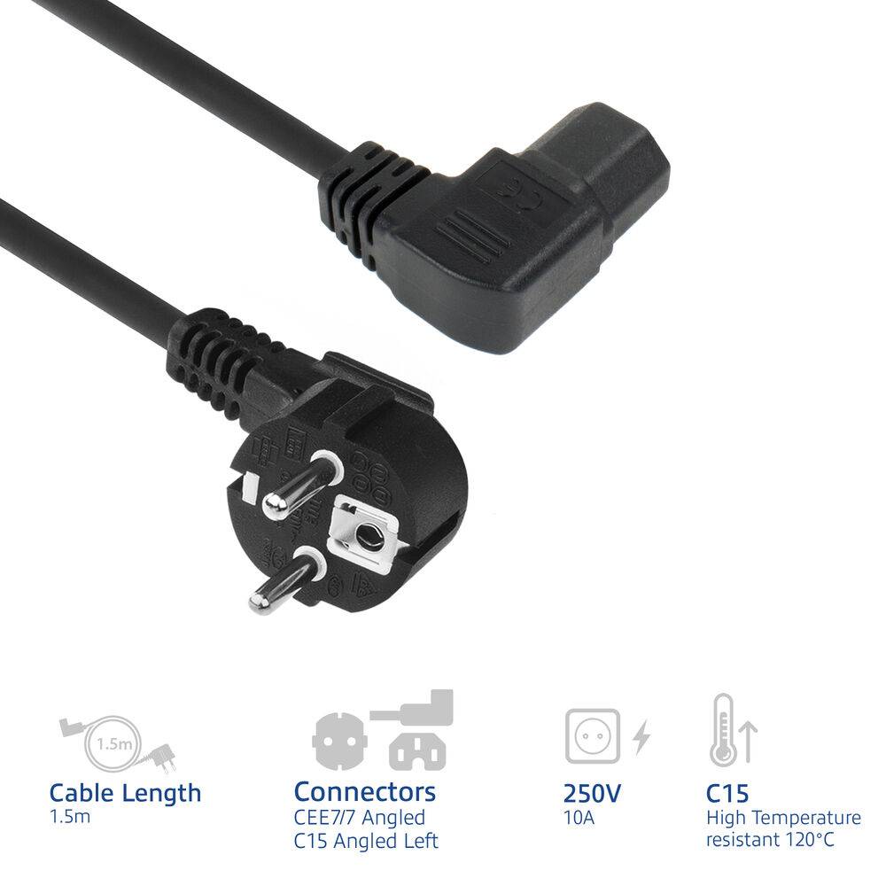ACT AK5347 Netzkabel Schuko CEE7/7 Stecker (gewinkelt) - C15 (gewinkelt links) IEC60320 | Schwarz | 1,5 Meter-1
