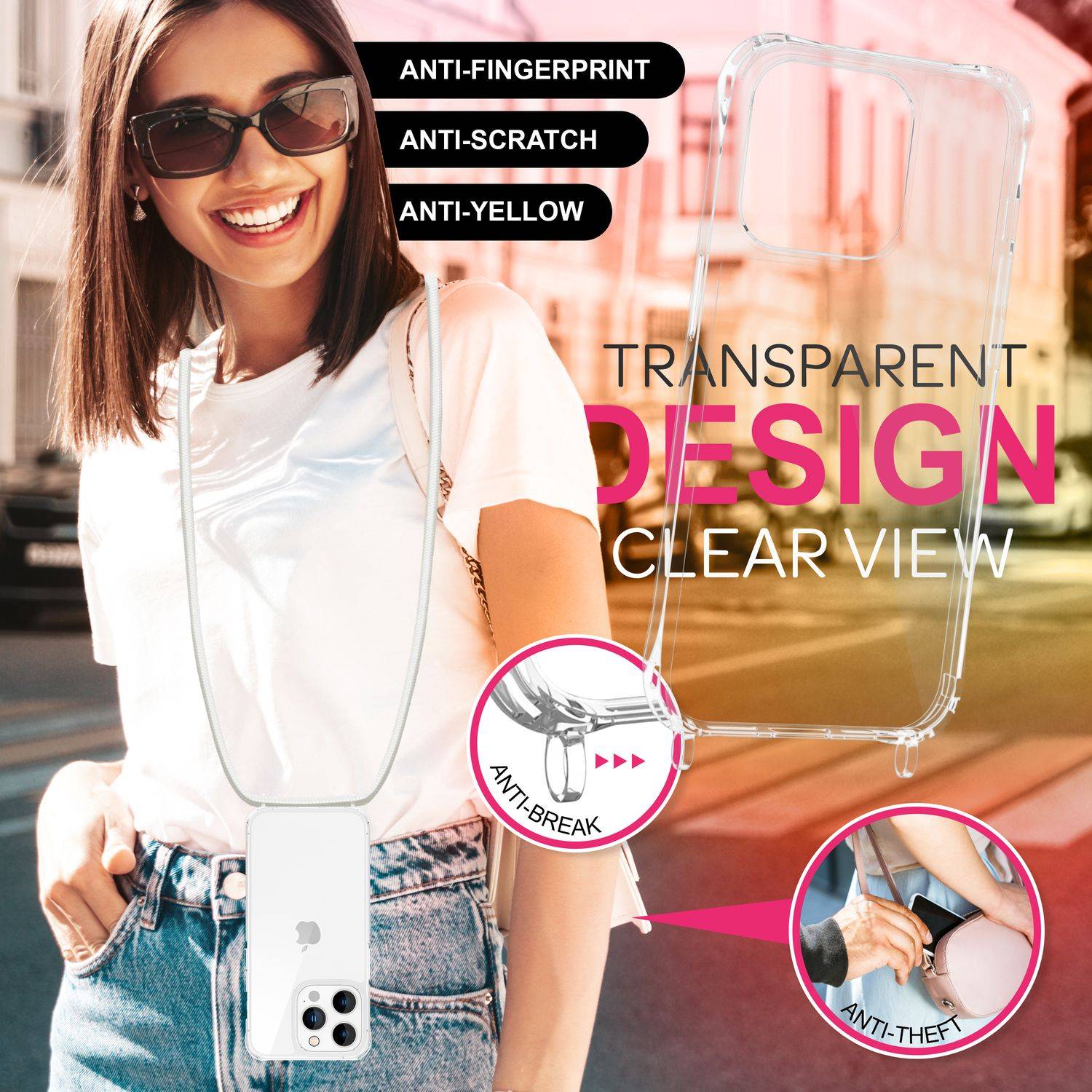 NALIA Klare Hülle mit Band zum Umhängen für iPhone 16 Pro Max, Transparente Harte Handyhülle mit Handykette Weiß-2