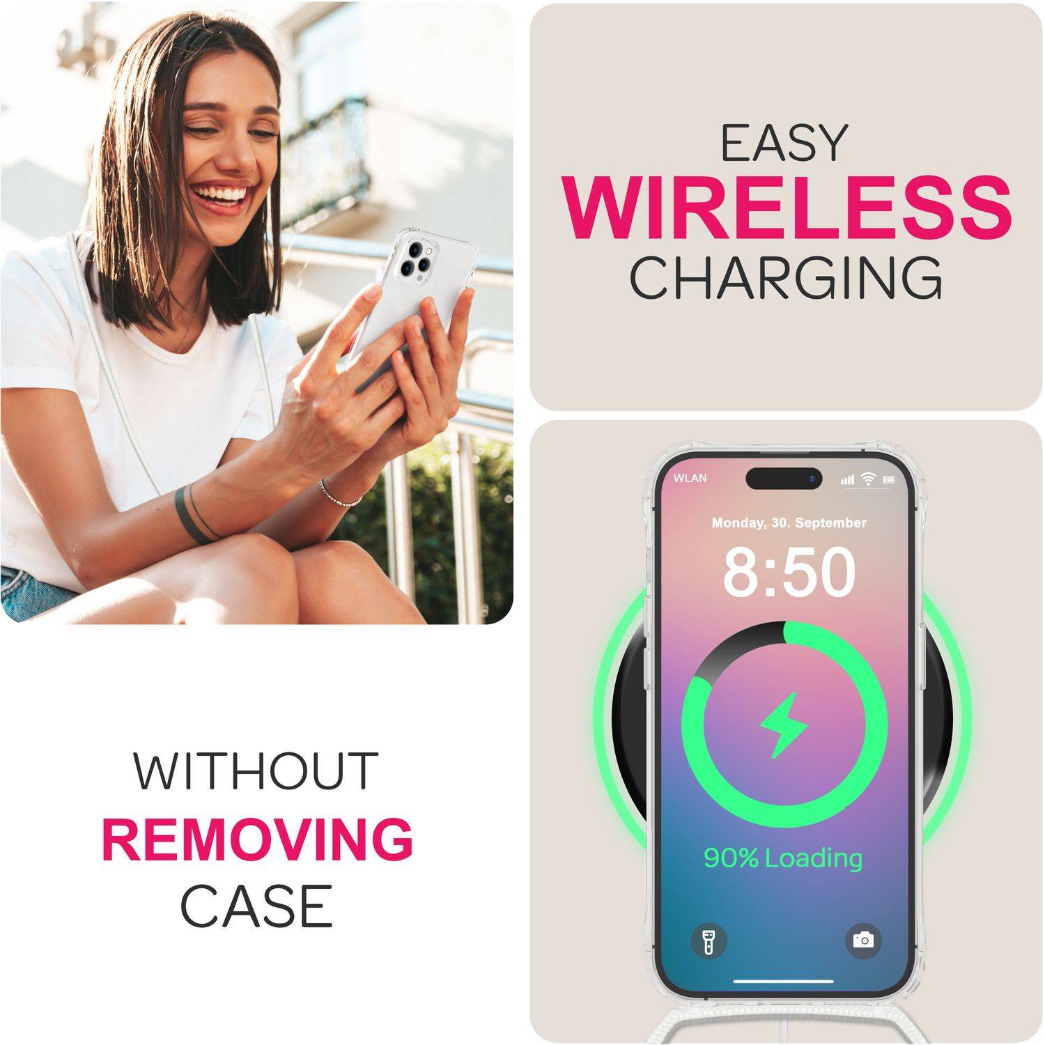 NALIA Klare Hülle mit Band zum Umhängen für iPhone 16 Pro Max, Transparente Harte Handyhülle mit Handykette Weiß-3