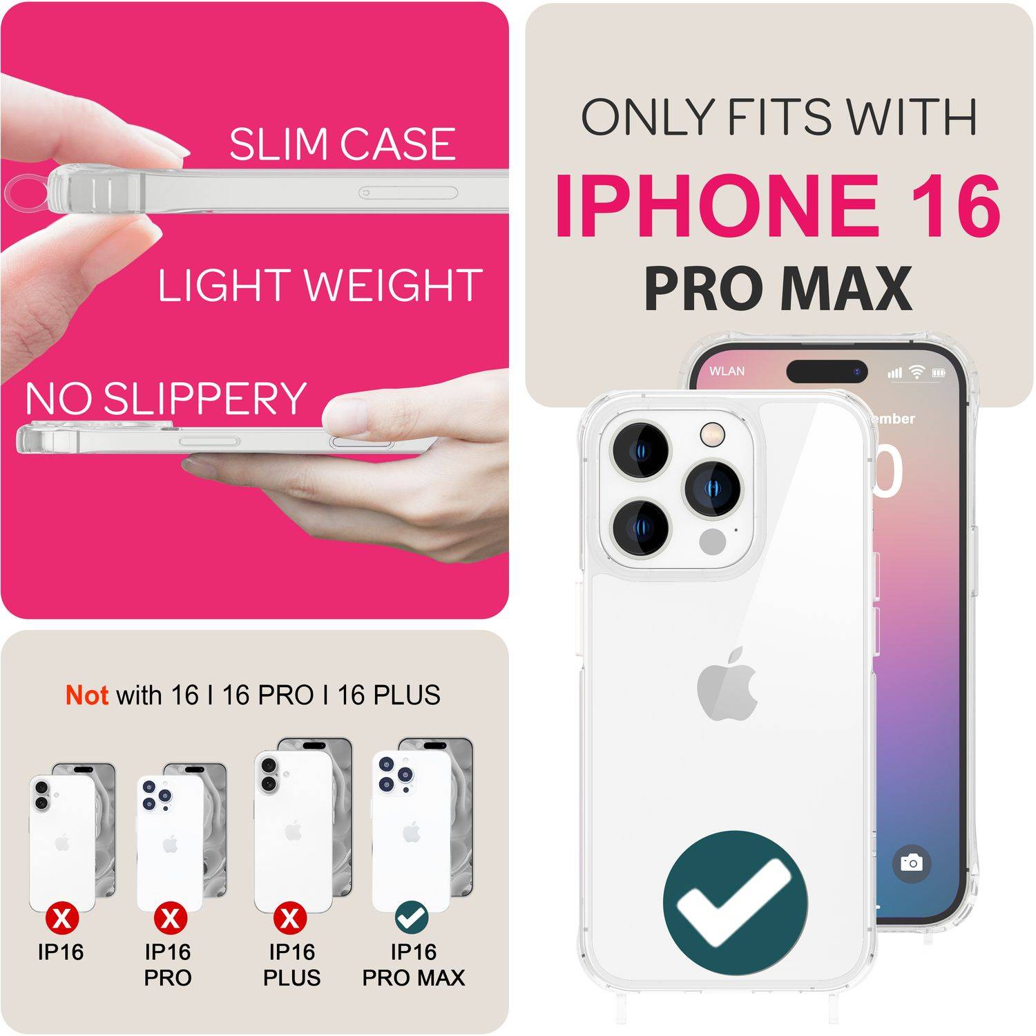 NALIA Klare Hülle mit Band zum Umhängen für iPhone 16 Pro Max, Transparente Harte Handyhülle mit Handykette Weiß-4