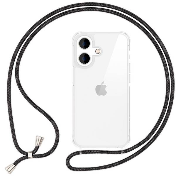 NALIA Klare Hülle mit Band zum Umhängen für iPhone 16 Plus, Transparente Schutz Handyhülle mit Handykette Schwarz