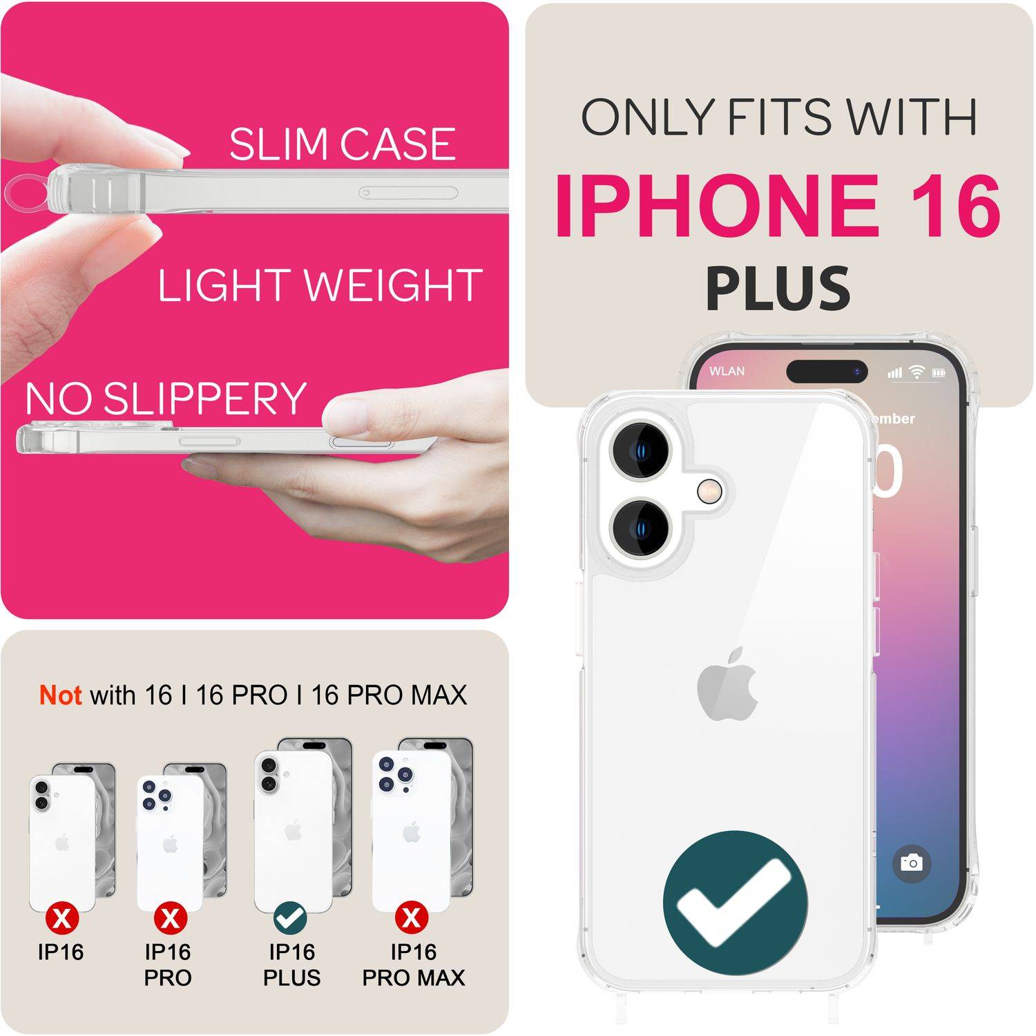 NALIA Klare Hülle mit Band zum Umhängen für iPhone 16 Plus, Transparente Schutz Handyhülle mit Handykette Schwarz-3